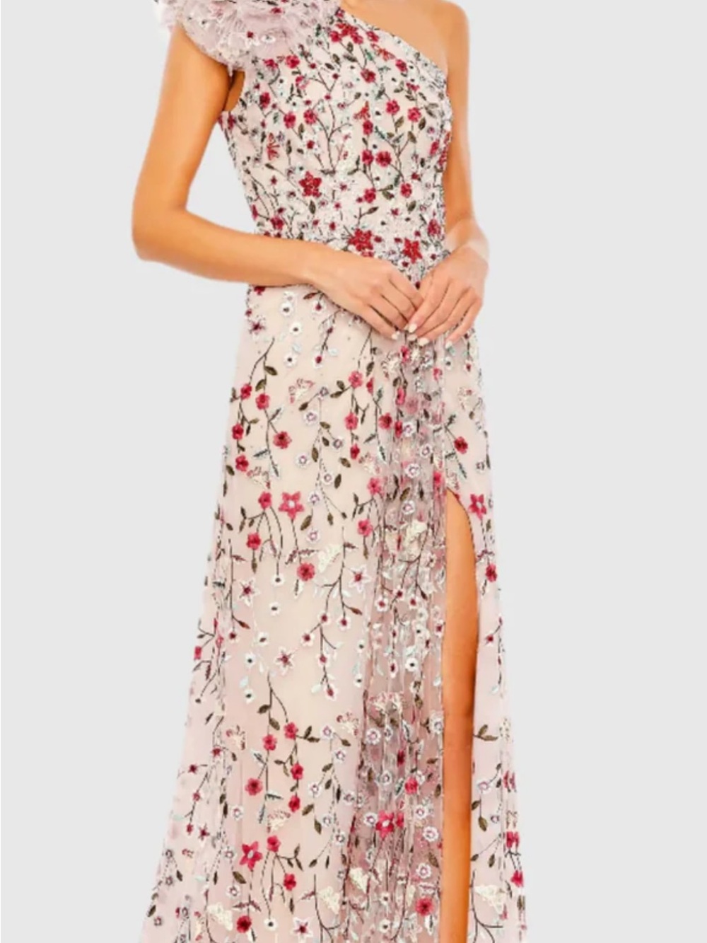 Mac Dougal One-Shoulder Embellished Floral Gown in Blush with Red Accents